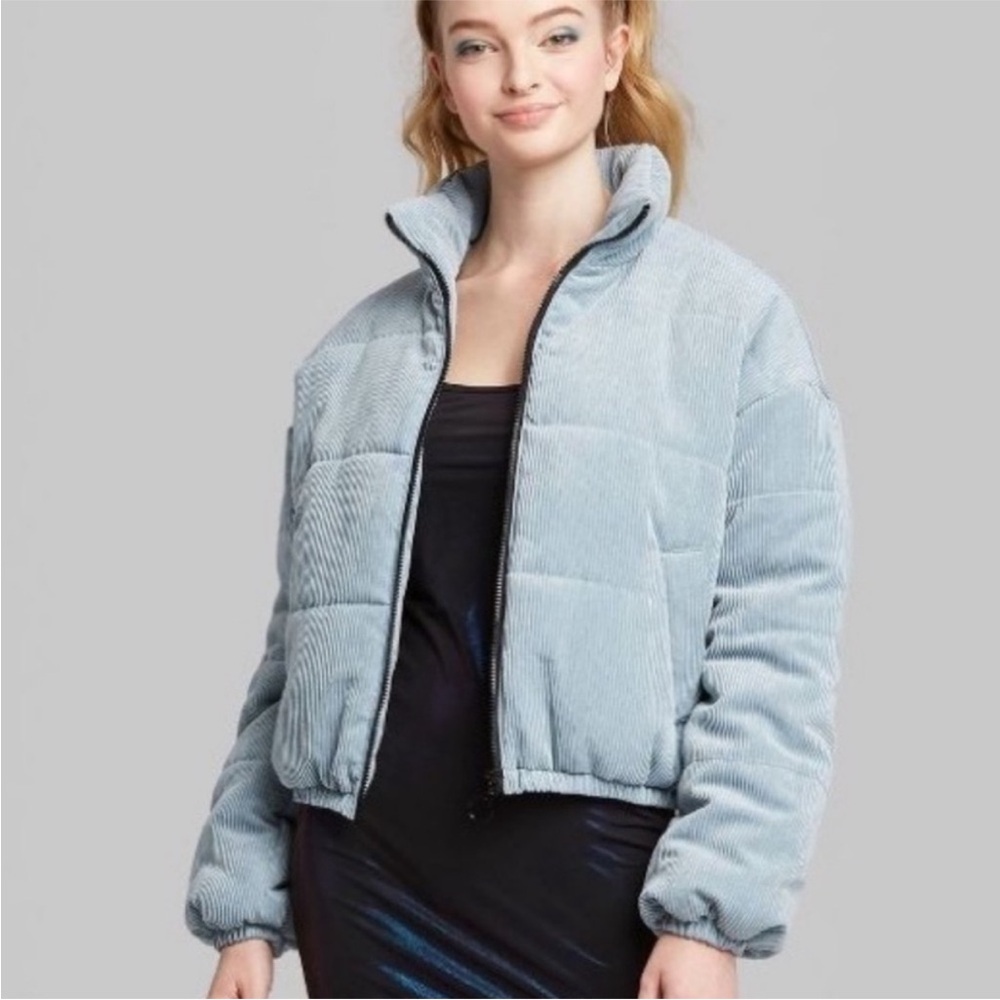 Wild Fable Light Blue Puffer Bomber Jacket Corduroy Cropped Zip Coat Size L